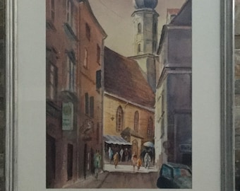 Mid Century Vintage German Cathedral City Square  Original W/C Painting Signed Framed