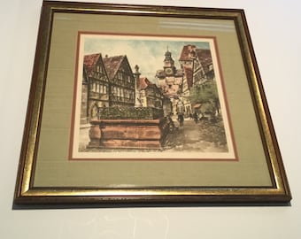 Rothenburg Gate Roder Vintage Hand Colored Etching Signed & Framed