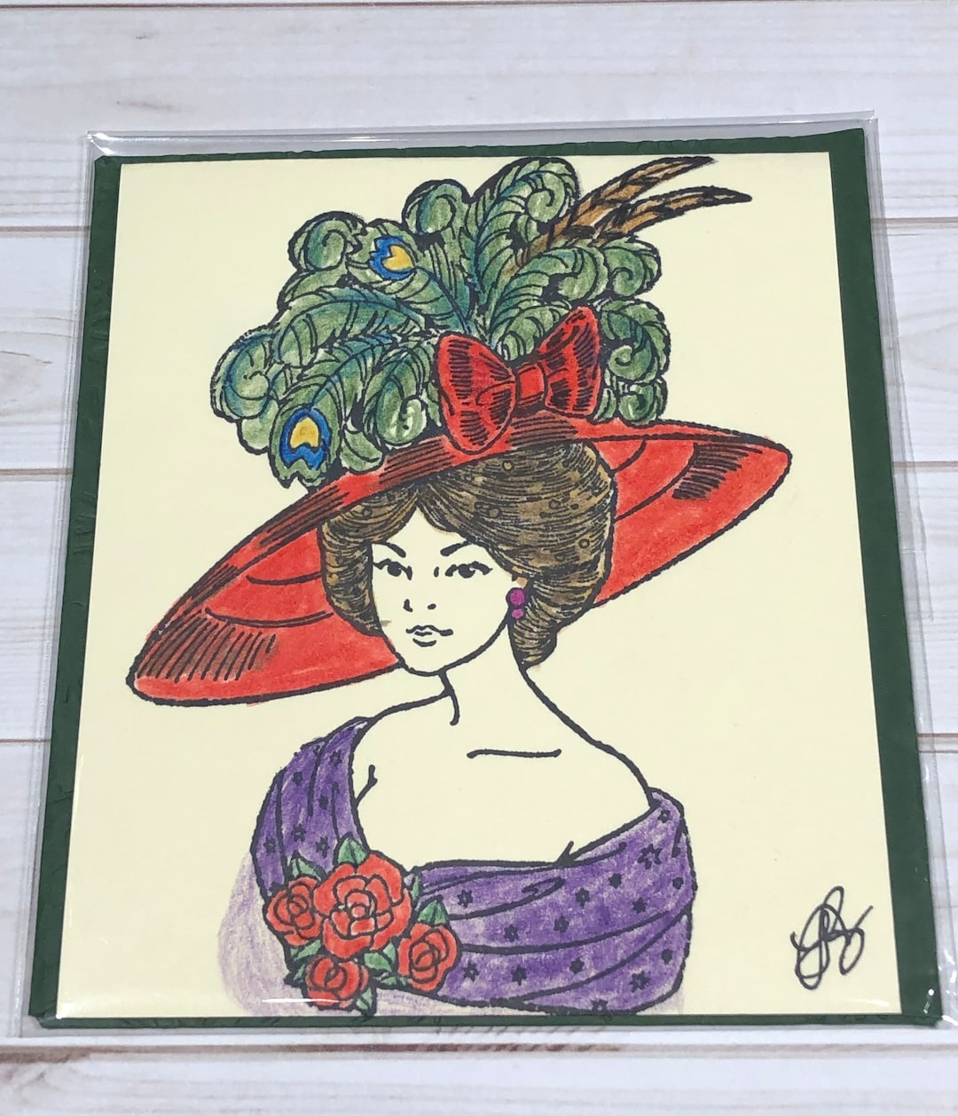 Red Hat Lady Purple Dress Blank Note Card Etsy