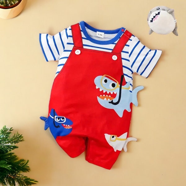 Baby Shark Summer Outfit, Fashion Baby Jumpsuit, Short Sleeved Fake Two-Piece Shark, Baby Boy and Girl Romper