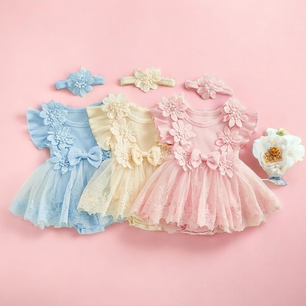 Flower Summer Baby Girls Romper, Princess Dress For Newborn, Clothes Bodysuit Dress With Headband, Kids Clothing