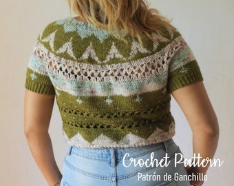 Taroko Sweater CROCHET PATTERN &gt;&gt; lace summer colorwork crop top sweater fair isle short sleeve  &gt;&gt; PDF pattern