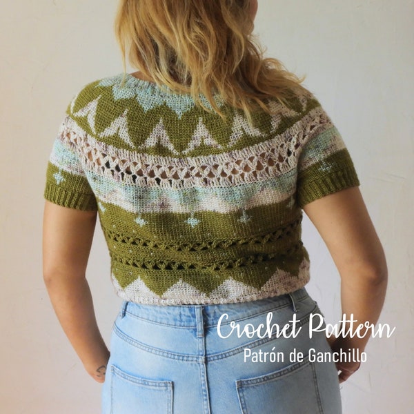 Taroko Sweater CROCHET PATTERN >> lace summer colorwork crop top sweater fair isle short sleeve  >> PDF pattern