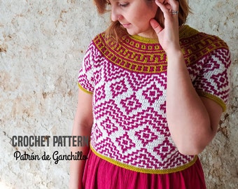 Teotihuacan Top CROCHET PATTERN >> summer sweater cropped round yoke colorful mosaic crochet top >> PDF pattern