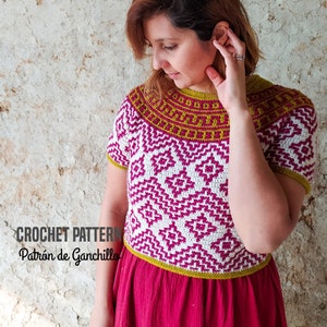 Teotihuacan Top CROCHET PATTERN >> summer sweater cropped round yoke colorful mosaic crochet top >> PDF pattern