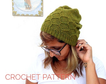 Crochet Pattern >> Honeycomb stitch easy slouchy unisex beanie hat tuque > HoneyBuns Beanie PATTERN