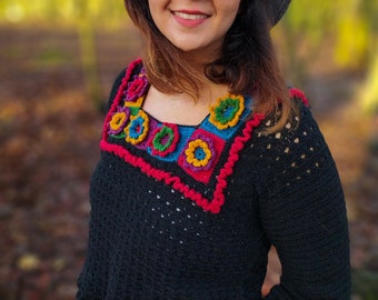 Crochet Pattern >> crochet colorful cropped hip length set round yoke crochet pullover sweater granny squares >> Folk Jumper PATTERN