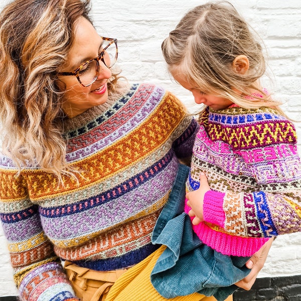 Mosaic Jumper Mommy & Mini Set Crochet PATTERNS >> mosaic colorwork charts round yoke crochet pullover sweater tee  >> CROCHET PATTERNS