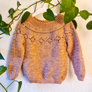 May include: A crocheted sweater in a light brown color with a delicate openwork pattern around the neckline and sleeves. The sweater is hanging on a white hanger against a white wall.