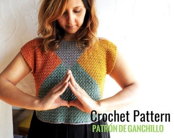 Crochet Pattern >> Crop top t-shirt tee colorwork intarsia lemon peel stitch texturedgeometrical shapes summer top >5th Element Top PATTERN