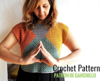 Crochet Pattern >> Crop top t-shirt tee colorwork intarsia lemon peel stitch texturedgeometrical shapes summer top >5th Element Top PATTERN