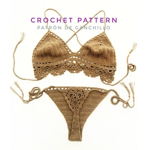 May include: A crocheted bikini top and bottom in a brown color. The top has a criss-cross back and the bottom has a tie side. The text "CROCHET PATTERN PATRÓN DE GANCHILLO" is visible in the image.