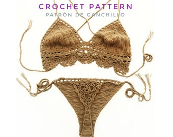 May include: A crocheted bikini top and bottom in a brown color. The top has a criss-cross back and the bottom has a tie side. The text "CROCHET PATTERN PATRÓN DE GANCHILLO" is visible in the image.