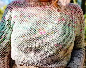 Crochet Pattern >> adult cropped raglan sleeves color fade linen stitch sweater pullover >> Confetti DK Pullover PATTERN