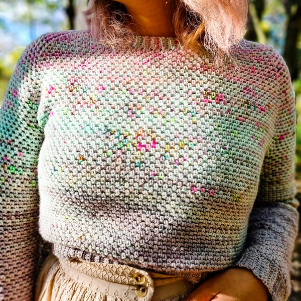 Crochet Pattern >> adult cropped raglan sleeves color fade linen stitch sweater pullover >> Confetti DK Pullover PATTERN