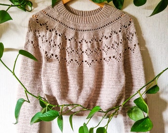 Cande Pullover Adult CROCHET PATTERN &gt;&gt; lace cropped hip length round yoke crochet pullover sweater tee  &gt;&gt; PDF pattern