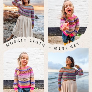 Mosaic LIGHT Jumper Mommy & Mini Set Virkmönster >> fingersättning mosaik färgmönster runt ok pullover tröja t-shirt >> VIRKNING pdf