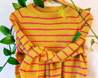 Stripy Parvum Pullover CROCHET PATTERN >> crochet pullover sweater raglan top-down striped cropped or long jumper >> crochet PATTERN