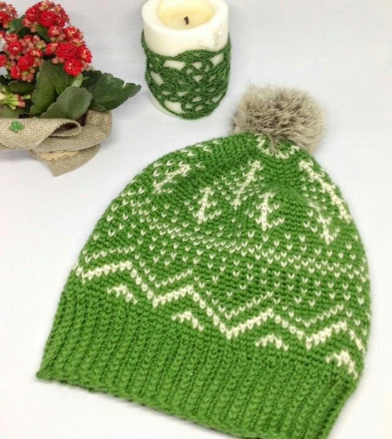 Puede incluir: Gorro de punto verde con un patr&oacute;n de copo de nieve blanco y un pomp&oacute;n de piel sint&eacute;tica marr&oacute;n.