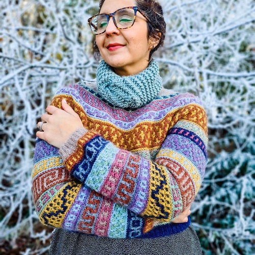 Original Mosaic Crochet Jumper Pattern: Colorful Round Yoke Pullover - sport weight (PDF Pattern