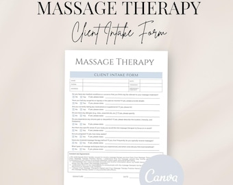May include: A printable client intake form for massage therapy. The form includes sections for client information, medical history, and consent. The form is designed to be used by massage therapists to gather information from clients before a massage session.
