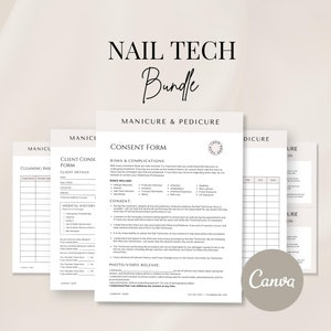 Op de afbeelding: Een set printbare formulieren voor nagelstylisten, waaronder een toestemmingsformulier van de klant, een checklist voor schoonmaak en desinfectie en een klantconsultatieformulier. De formulieren zijn ontworpen in een minimalistische stijl met zwarte tekst op een witte achtergrond.