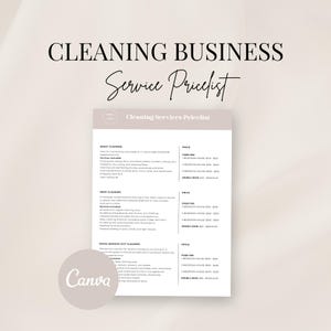 May include: A black and white cleaning services pricelist with the title "Cleaning Business Service Pricelist". The pricelist includes three cleaning services: Basic Cleaning, Deep Cleaning, and Move-In/Move-Out Cleaning. Each service lists a fixed fee and an hourly rate for 1, 2, and 3 bedroom houses.