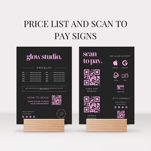 Modèle de liste de prix, modèle modifiable de numérisation pour paiement, guide des tarifs pour les petites entreprises, impression pour salon avec numérisation, modification sur Canva