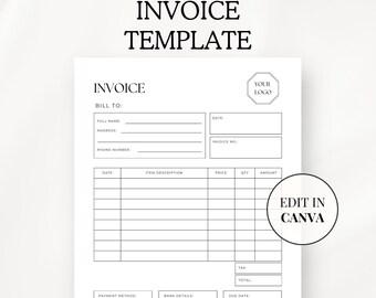 Invoice Form Template, Editable Small Business Form, Edit In Canva, Minimal, Instant Download