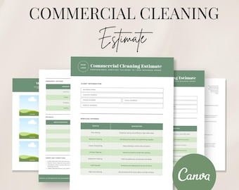 May include: A printable commercial cleaning estimate template with green accents. The template includes sections for client information, services offered, and terms and conditions. The text "Commercial Cleaning Estimate" is at the top of the page.