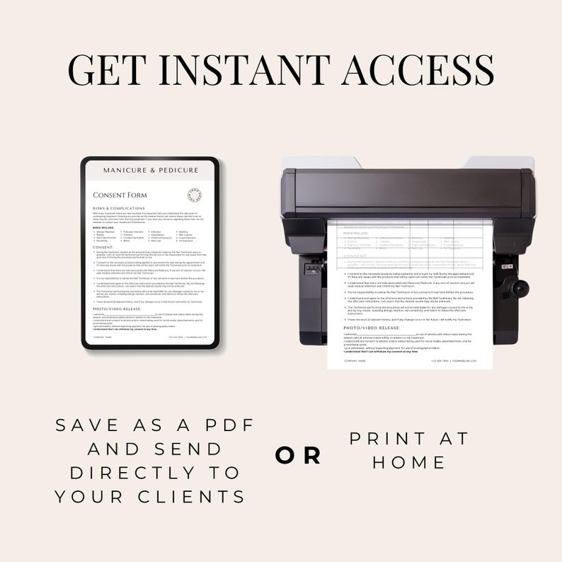 May include: A digital consent form for manicure and pedicure services. The form can be saved as a PDF and sent directly to clients or printed at home.