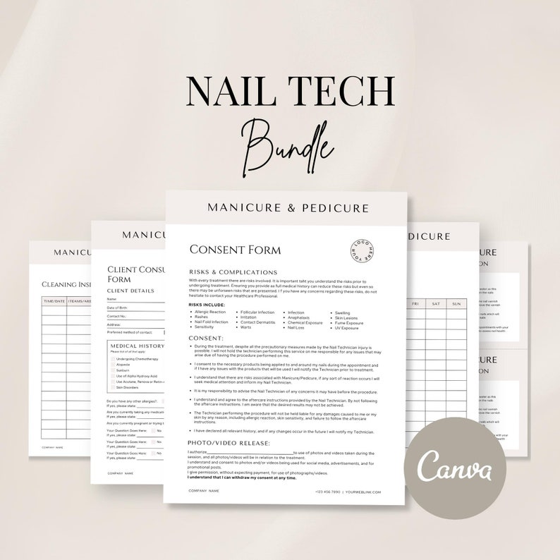 May include: A set of printable forms for nail technicians, including a client consent form, a cleaning and sanitation checklist, and a client consultation form. The forms are designed in a minimalist style with black text on a white background.