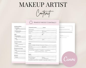 Puede incluir: Una plantilla de contrato de maquillador imprimible en blanco y negro. El contrato incluye secciones para cancelaciones y reembolsos, responsabilidad, viajes y alojamiento, fotografía y uso de imágenes, miscelánea, servicios, pago y firmas. El contrato se titula "Contrato de maquillador".