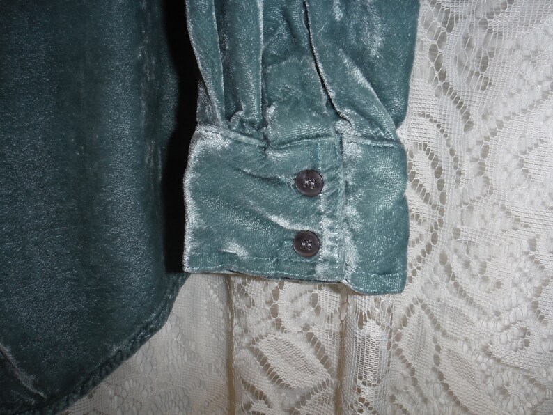 Buttoned Cuffs Woman/'s Size S-M Hidden Button Front with Ruffle Extra Long Length Rayon Velvet Long Sleeve Blouse Muted Teal Color