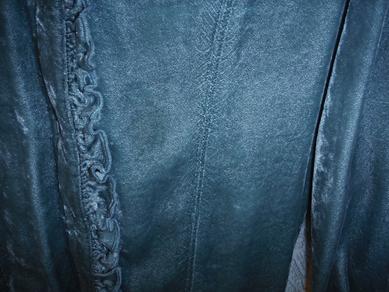 Buttoned Cuffs Woman/'s Size S-M Hidden Button Front with Ruffle Extra Long Length Rayon Velvet Long Sleeve Blouse Muted Teal Color