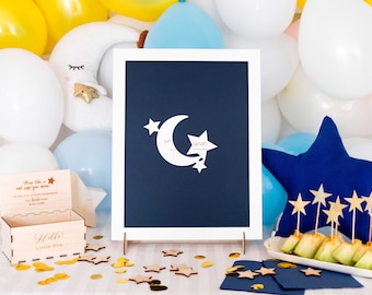 Moon and Stars Baby Shower Guestbook White Wood Alternative Drop Box Frame Keepsake Christening Birthday Guest Book Drop Frame Wedding