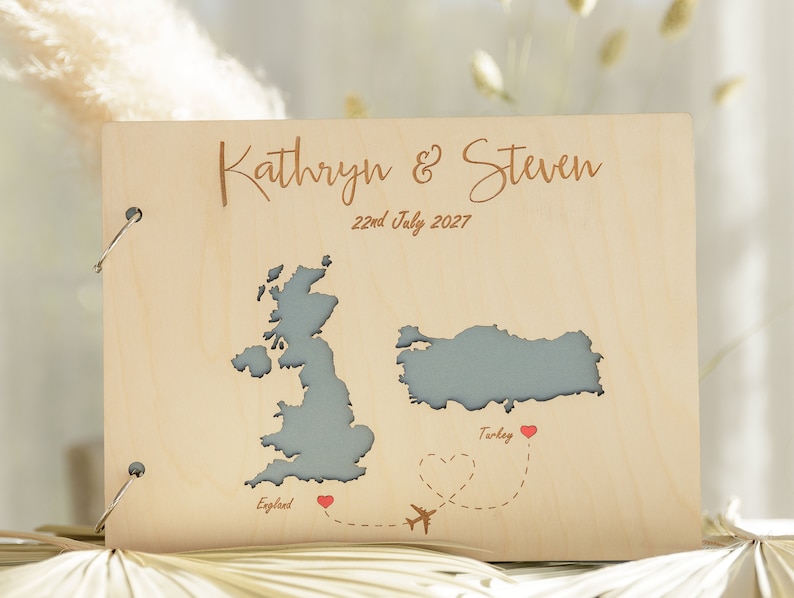 Map Guest Book Personalised Duo Country Wedding Guest Book Wedding Guestbook World Map Natural Wooden Guest Book Countries image 1