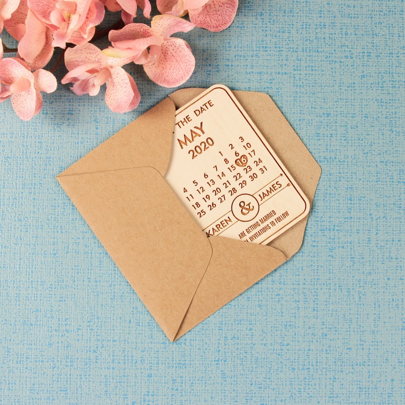 Rustic with Envelope Wooden Magnet Wedding Save the Date Laser Engraved Names Bride and Groom Engagement Bespoke