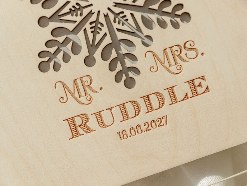 Winter Themed Wedding Guest Book Glitter Snowflake Wooden Personalised GuestBook Laser Cut Snowflake Motif Guest Book image 4