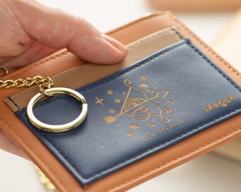 Personalised Wallet with Zodiac Sign Gold Key Ring Vegan Leather Zodiac Wallet Laser Cut Horoscope Sign Constellation Wallet