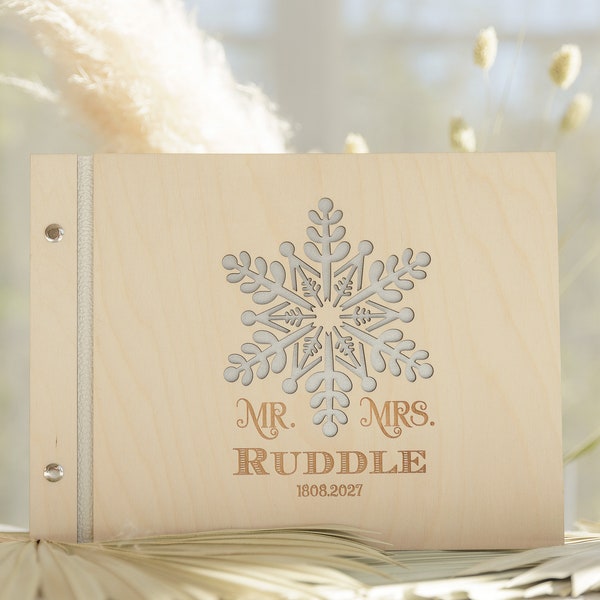 Winter Themed Wedding Guest Book Glitter Snowflake Wooden Personalised GuestBook Laser Cut Snowflake Motif Guest Book