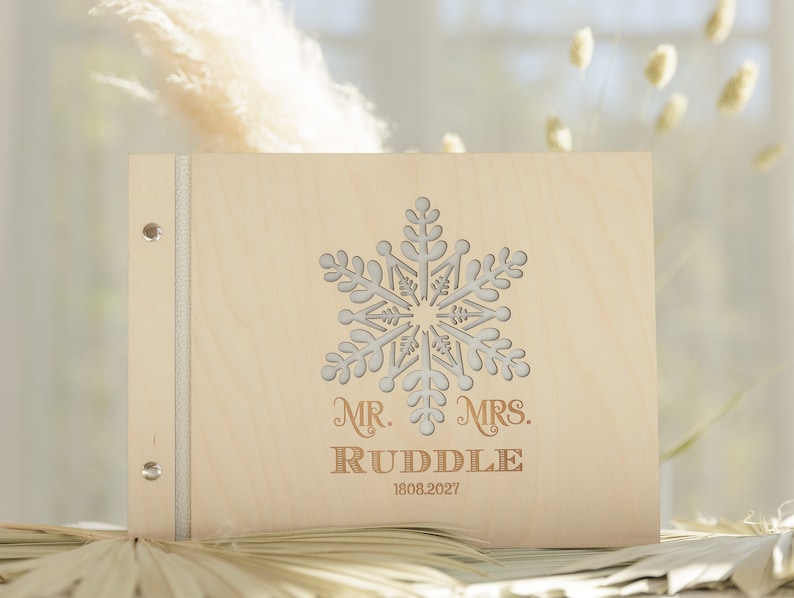 Winter Themed Wedding Guest Book Glitter Snowflake Wooden Personalised GuestBook Laser Cut Snowflake Motif Guest Book image 1