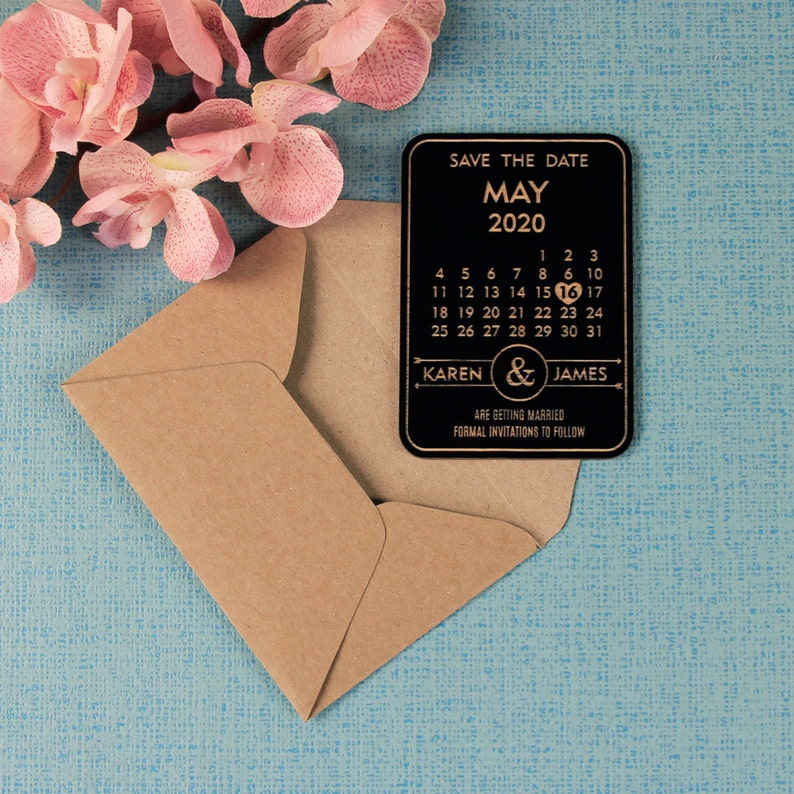 Rustic with Envelope Wooden Magnet Wedding Save the Date Laser Engraved Names Bride and Groom Engagement Bespoke