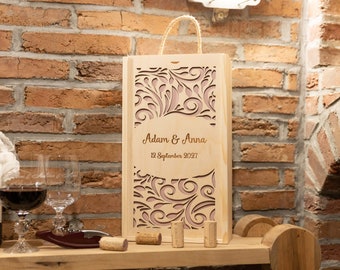 Personalised Custom Gift for Wedding Wooden Wine Box with Two Glasses Engraved Box Gift for Birthday Anniversary Engraved Wooden Bottle Box