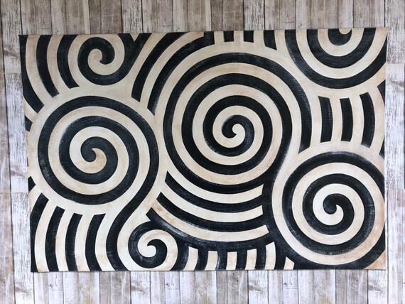 Black White Swirl Floor Cloth Painted Canvas Rug Mat Etsy