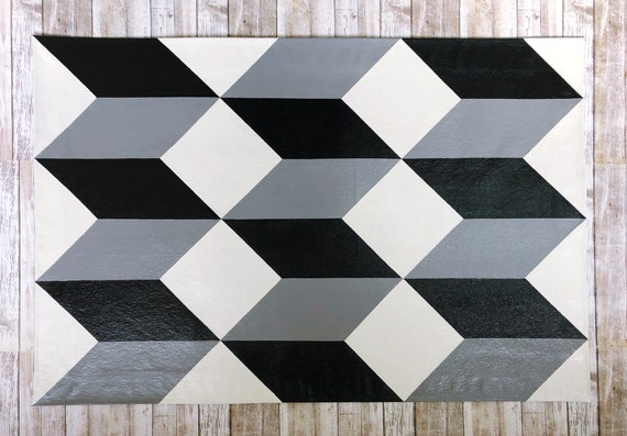 Tumbling Blocks Black White Floor Cloth Painted Canvas Rug Etsy