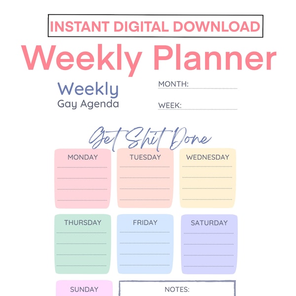 Gay Agenda Weekly Planner Printable, Get Shit Done, Weekly Organizer, Letter Size Weekly Planner