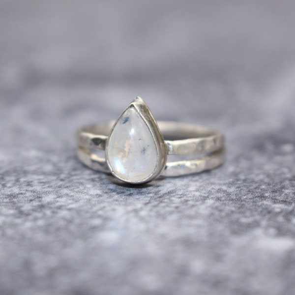 Fine Silver+ Sterling Rainbow Moonstone Teardrop ring| Moonstone Pear-Shape ring| Dainty Handmade ring| Gift for her| Anniversary ring