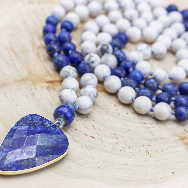 THIRD EYE OPENER Mala| Genuine Matte Lapis Lazuli & Howlite + Lapis Shield Pendant| Handmade Prayer Beads| 108 8mm Yoga mala| Meditation