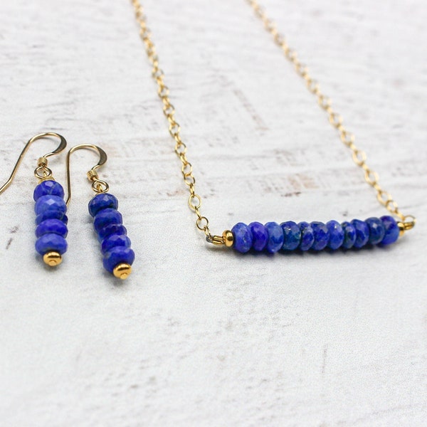 Ensemble collier et boucles d'oreilles en lapis lazuli 14 carats | Bijoux cadeaux en lapis lazuli| Lapis lazuli bleu vif | Bijoux Intuition| Bijoux élégants